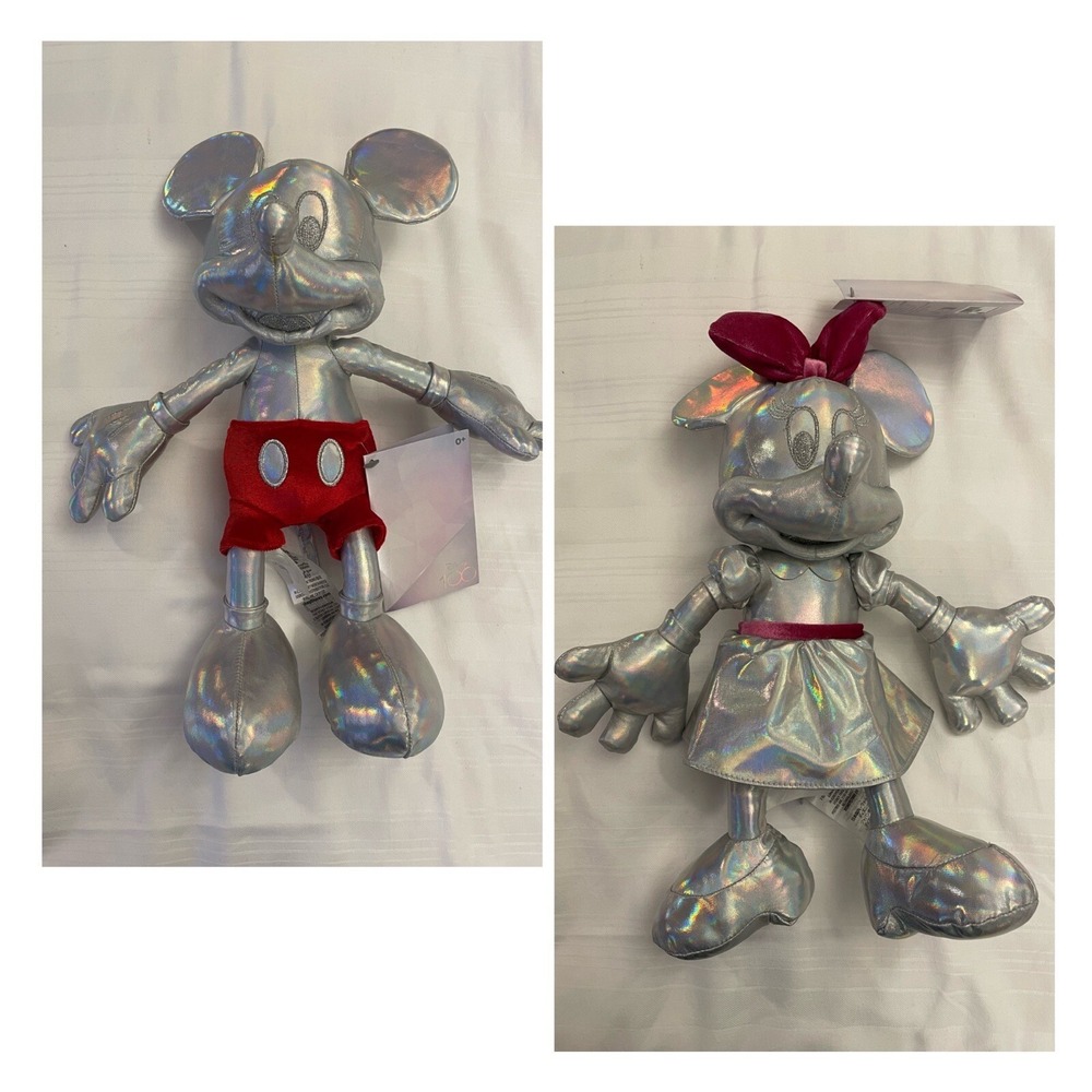 NEW Disney 100 Years of Wonder Minnie & Mickey Mouse Silver Chrome Color Plushes